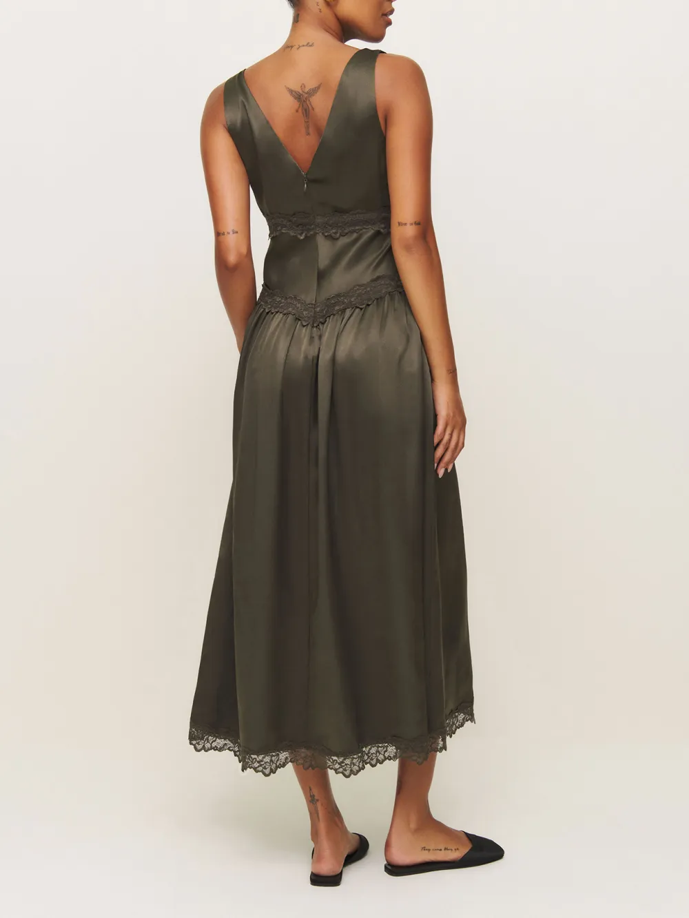 V Neck Lace Hem Silk Midi Dress