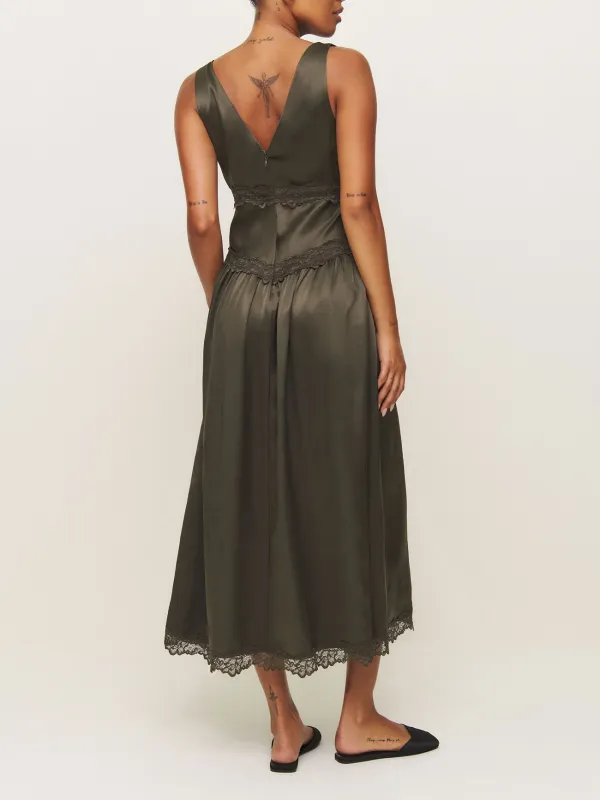 V Neck Lace Hem Silk Midi Dress