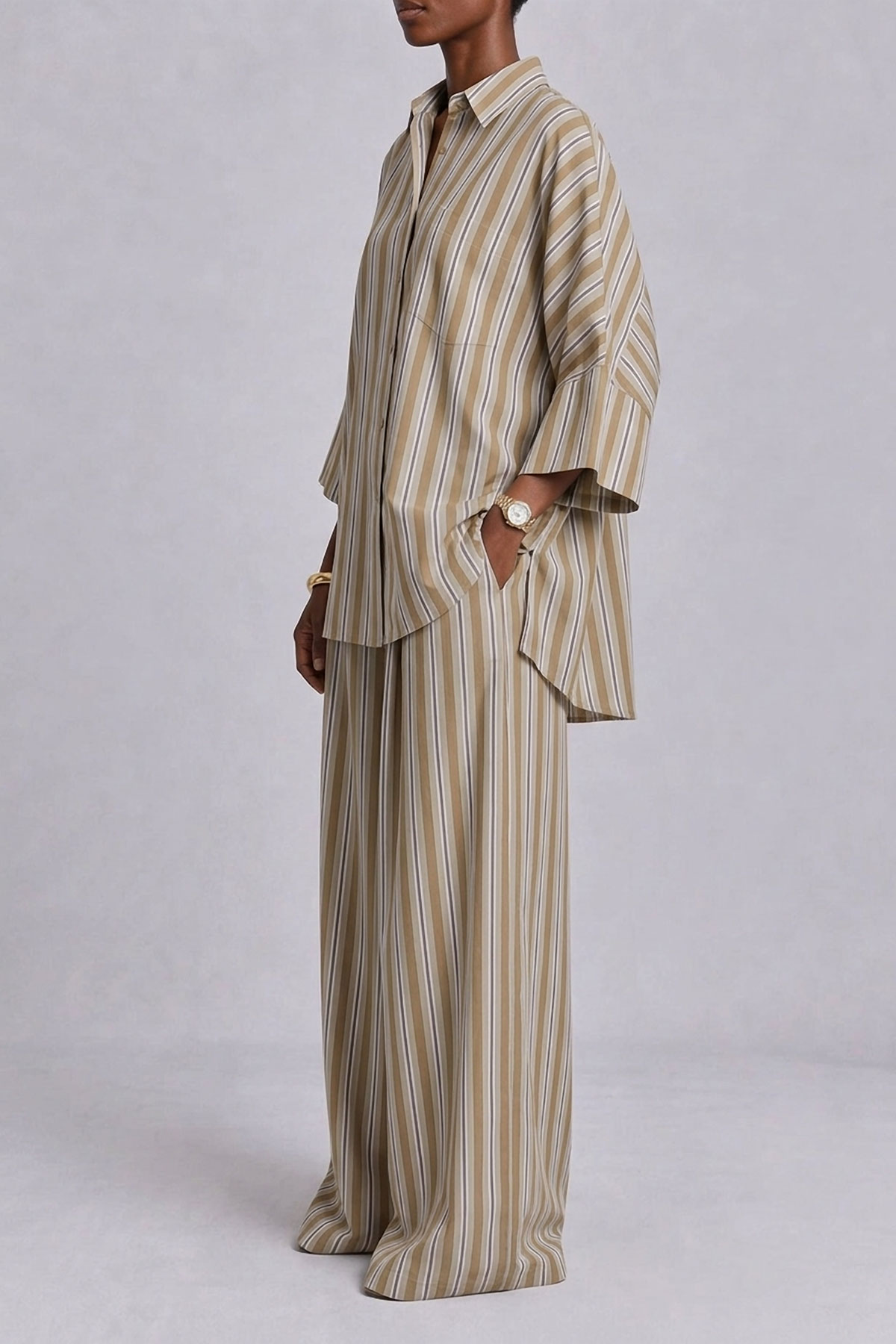 Wide Leg Button Front Striped Matching Set
