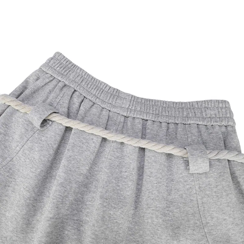 Grey Rope-Detail Curved Cotton Pants