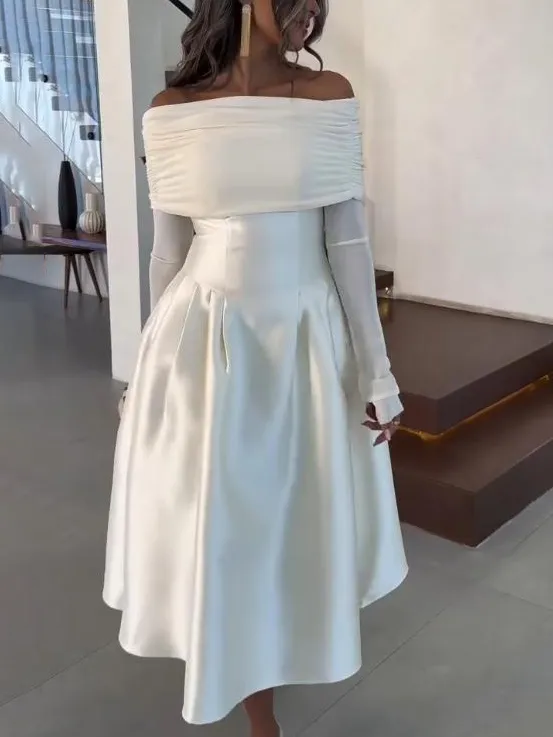 Elegant Off Shoulder Satin Midi Dress
