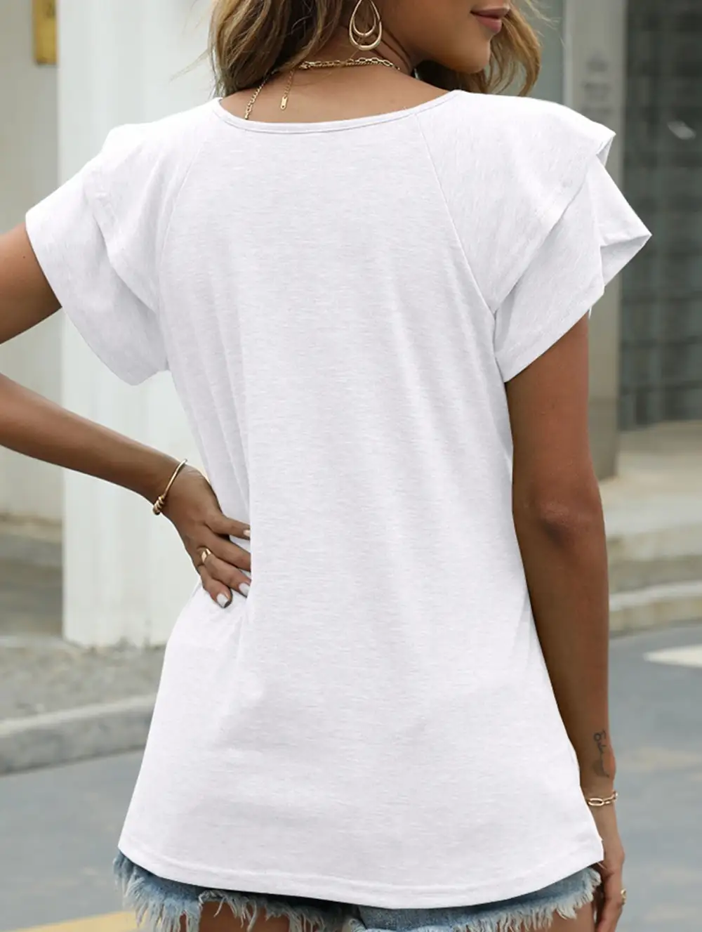 Solid Color V-Neck Ruffle Sleeve T-Shirt