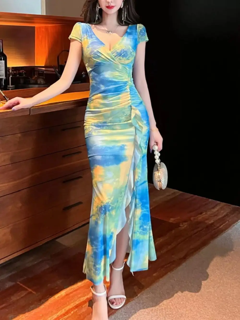 Ruffle Slit Dress Casual