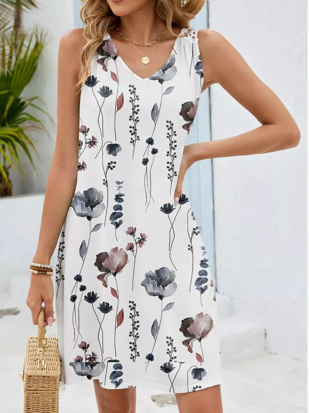Floral Printed Crochet Mini Dress
