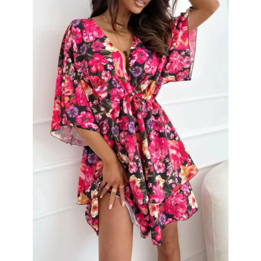 Print V-neck Ruffle Mini Dress
