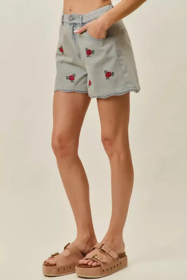 Rose Embroidery High Rise Scallop Hem Denim Shorts