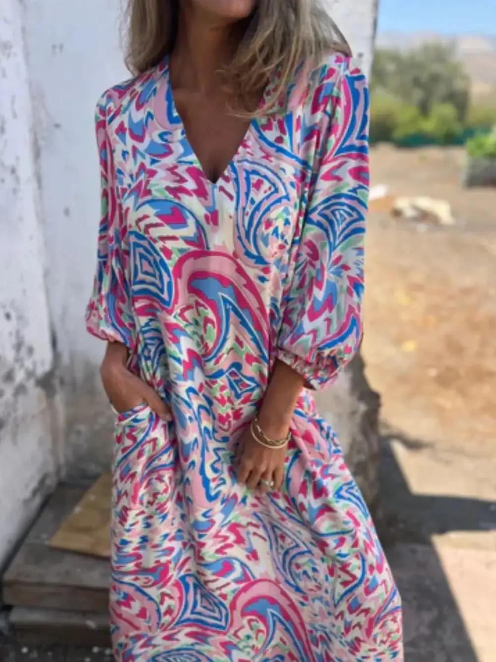 V-Neck Printed Midi Dress