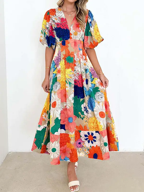 Print Pleated Neck Maxi Dress