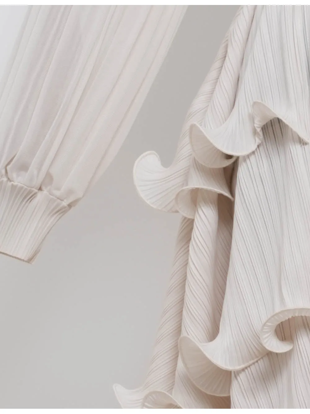 Pleated Ruffle Trim Lantern Sleeves Belted Maxi Dress
