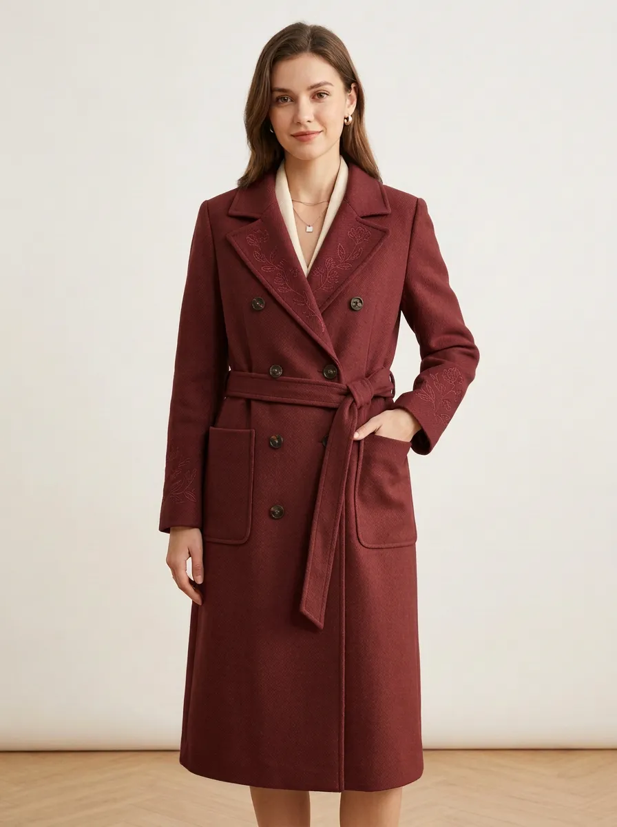 Women's Floral Embroidery Camel Double-Breasted Trench Coat