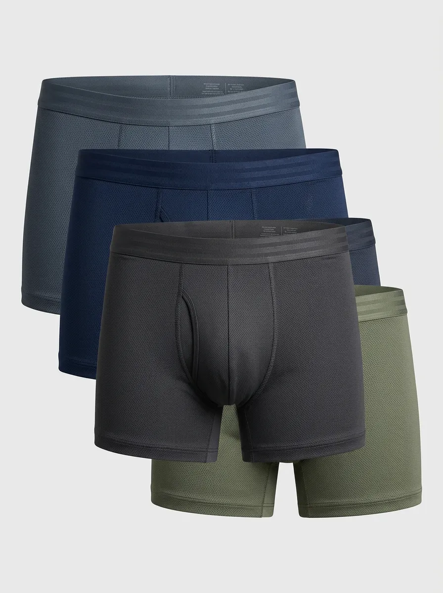 Men's Boxer Briefs Four-Pack with Mesh Breathable-Look Textured Contoured Pouch