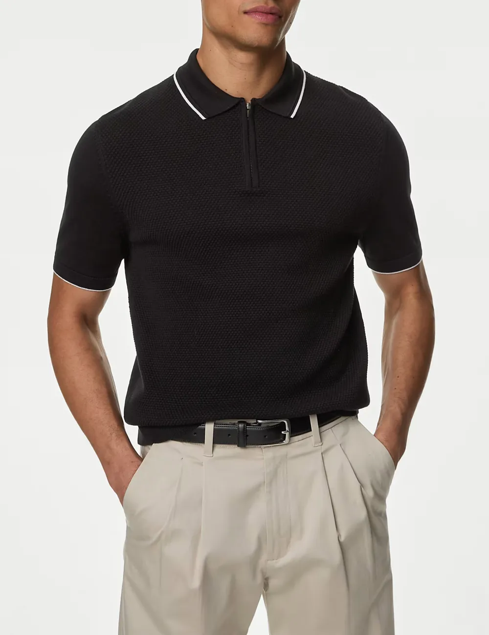 Men's Black Textured Knitted Polo Shirt