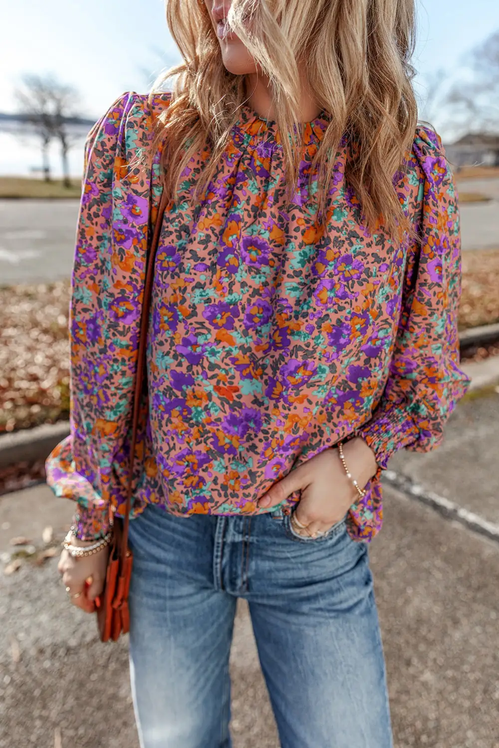 Floral Allover Print Shirred Cuff Frilled Crew Neck Blouse