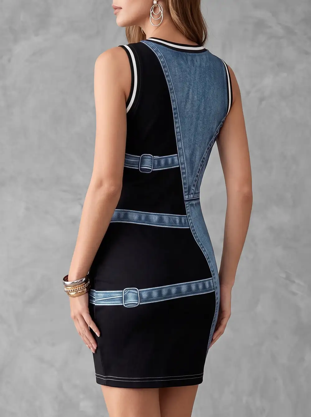 Bodycon Sleeveless Contrast Color Printed Round Neck Mini Dress