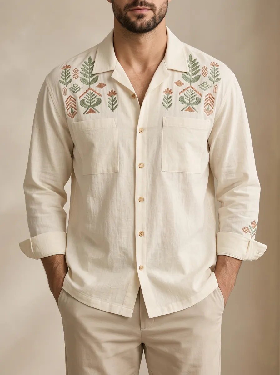 Men's Floral Geometric Embroidered Long Sleeve Shirt
