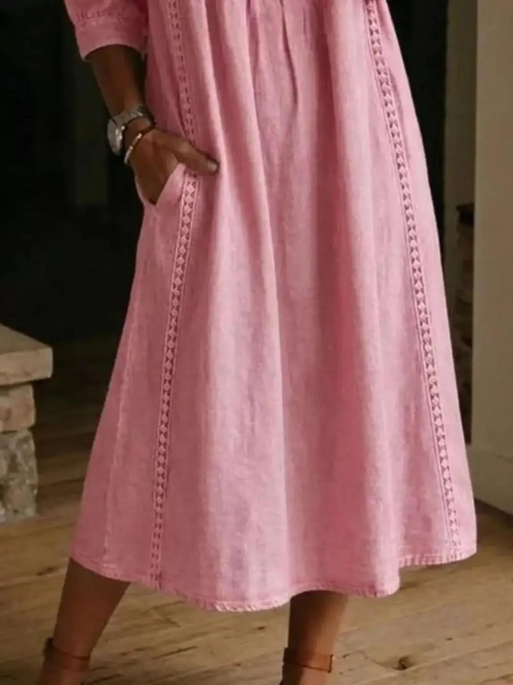 V-Neck Three Quarter Sleeve Pocketed Midi Dress