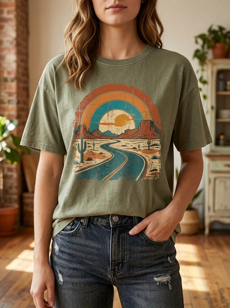 Women's Retro Desert Road Cactus Sunset Printed T-shirt