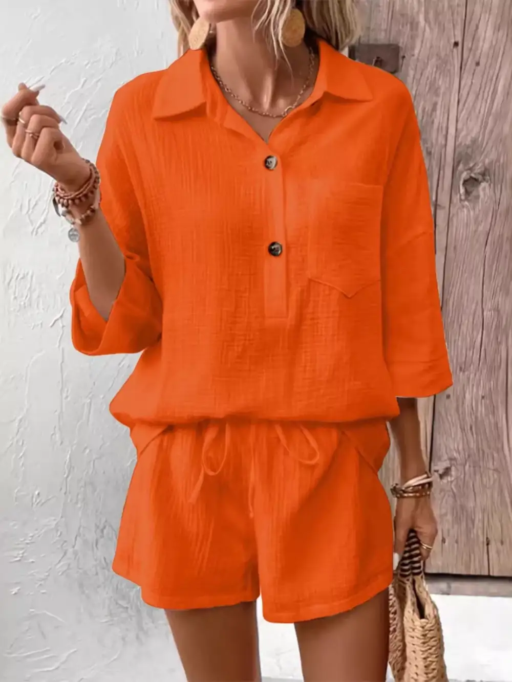 Button Detail Top and Shorts Set