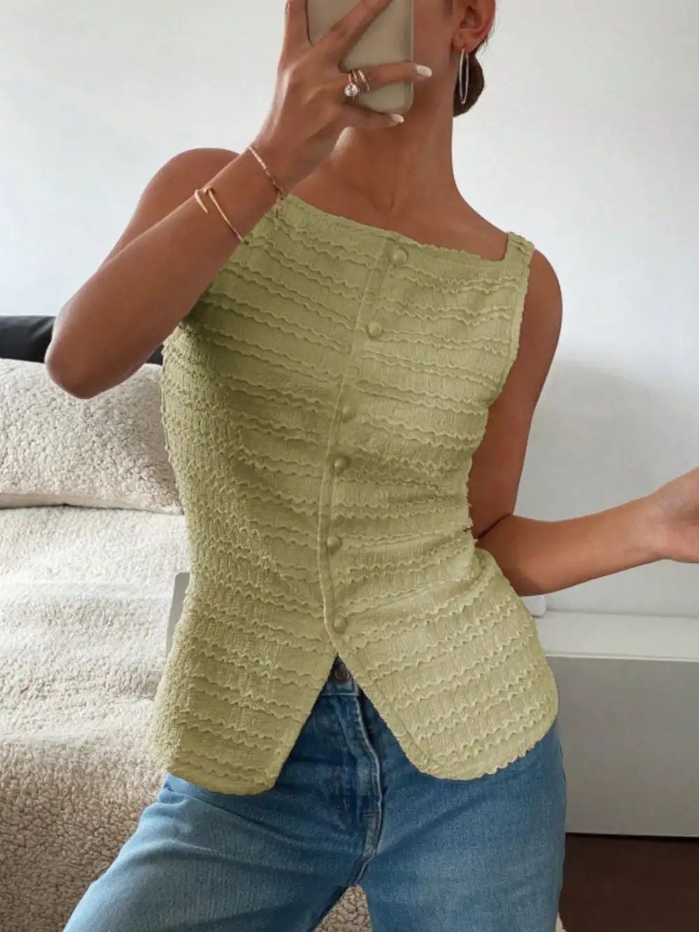 Textured Button Front Tank