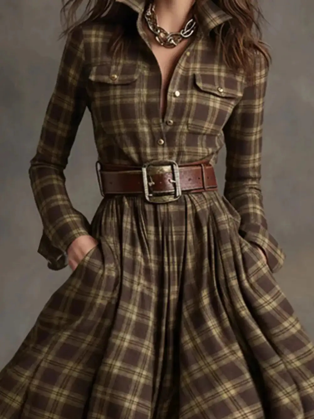Smooth Finish Plaid Button Front Maxi Dress
