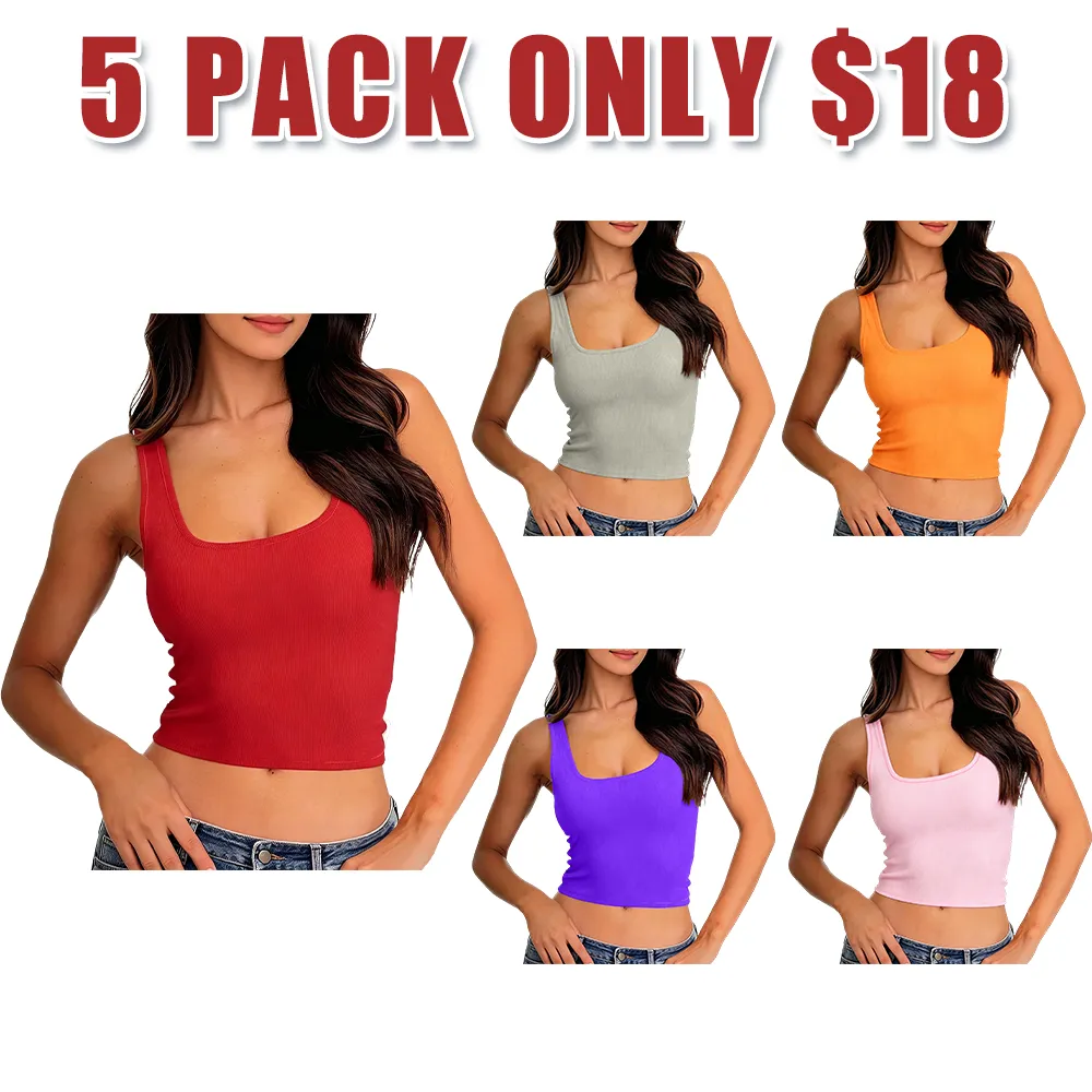 Women Rib Tank Top Padded Workout Top Square Neck Crop Tank