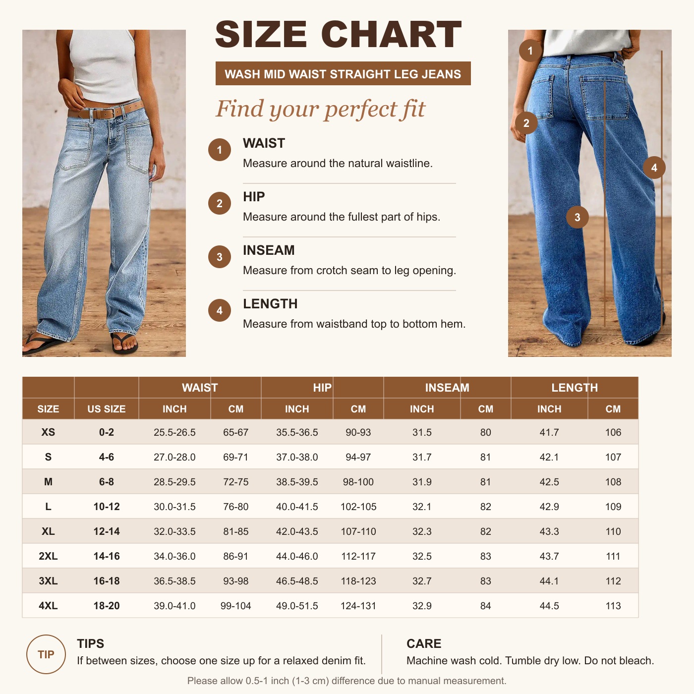 Size chart for wash mid waist straight leg jeans