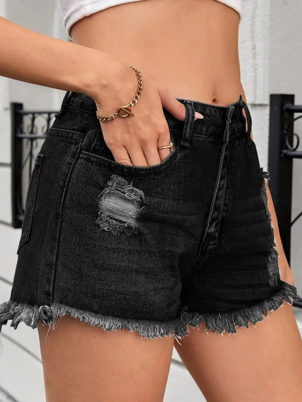 Tailored Distressed Raw Hem Denim Shorts