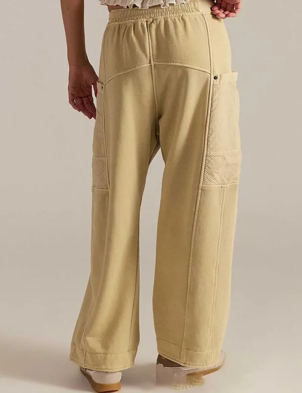 Elastic Waist Drawstring Pocket Straight Leg Denim Pants