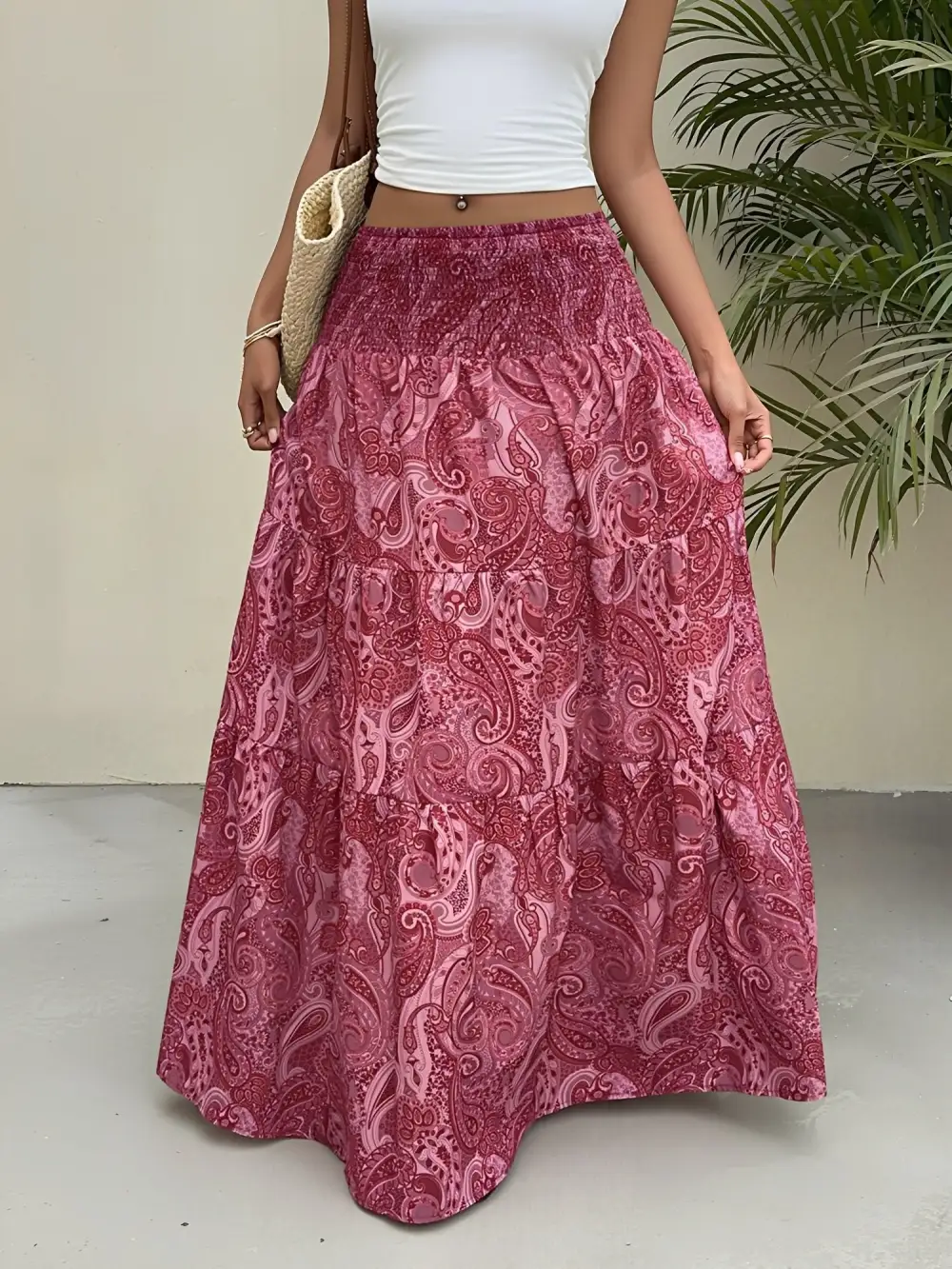 Boho Paisley Smocked Tiered A-Line Skirt