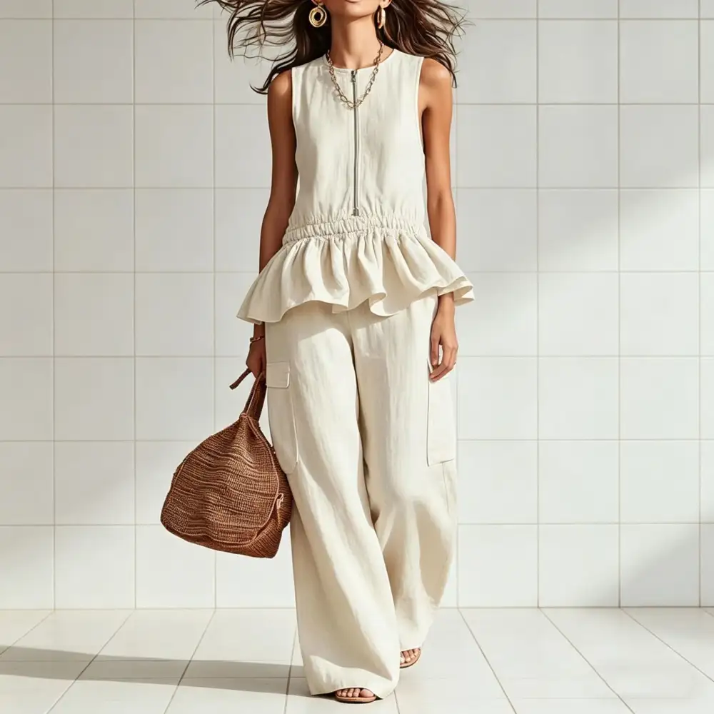 Wide-Leg Sleeveless Pleated Women's Matching Set