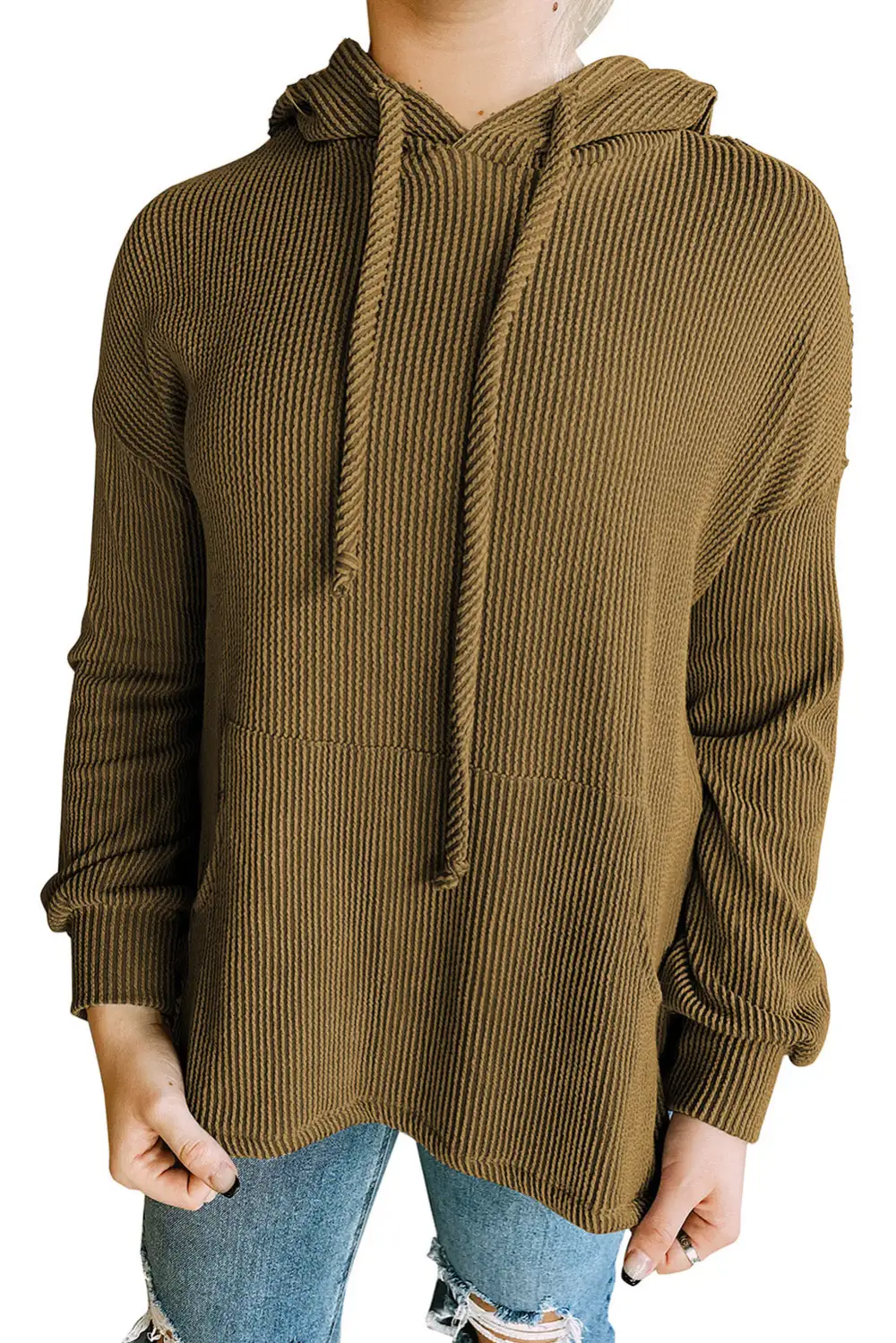 Ribbed Drawstring Kangaroo Pocket Hoodie