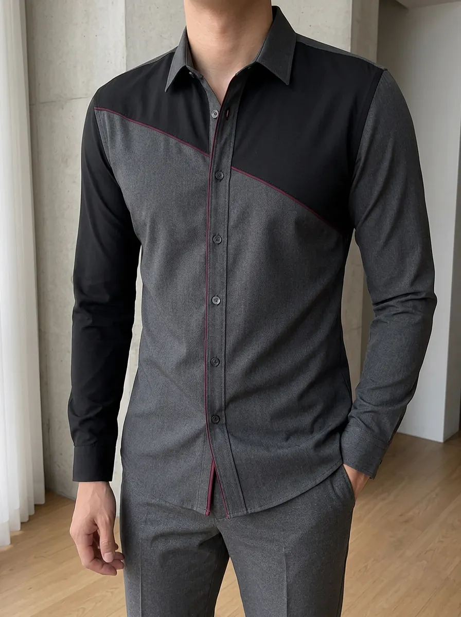 Men's Slim Fit Colorblock Contrast Trim Long Sleeve Shirt
