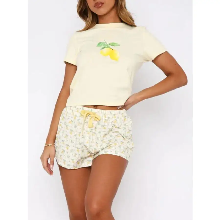 Printed Round Neck Short Sleeve Top and Drawstring Shorts Set