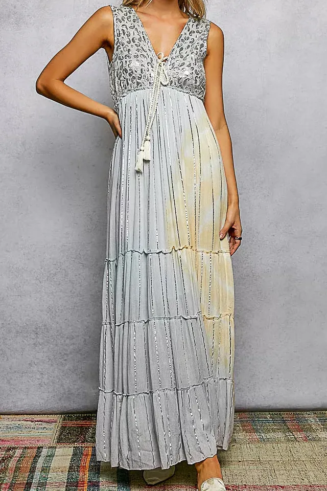 Deep V Sleeveless Cotton Bohemian Tiered Maxi Dress