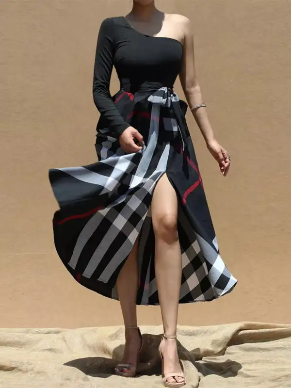 Asymmetrical One-Sleeve Midi Dress with Waist Tie