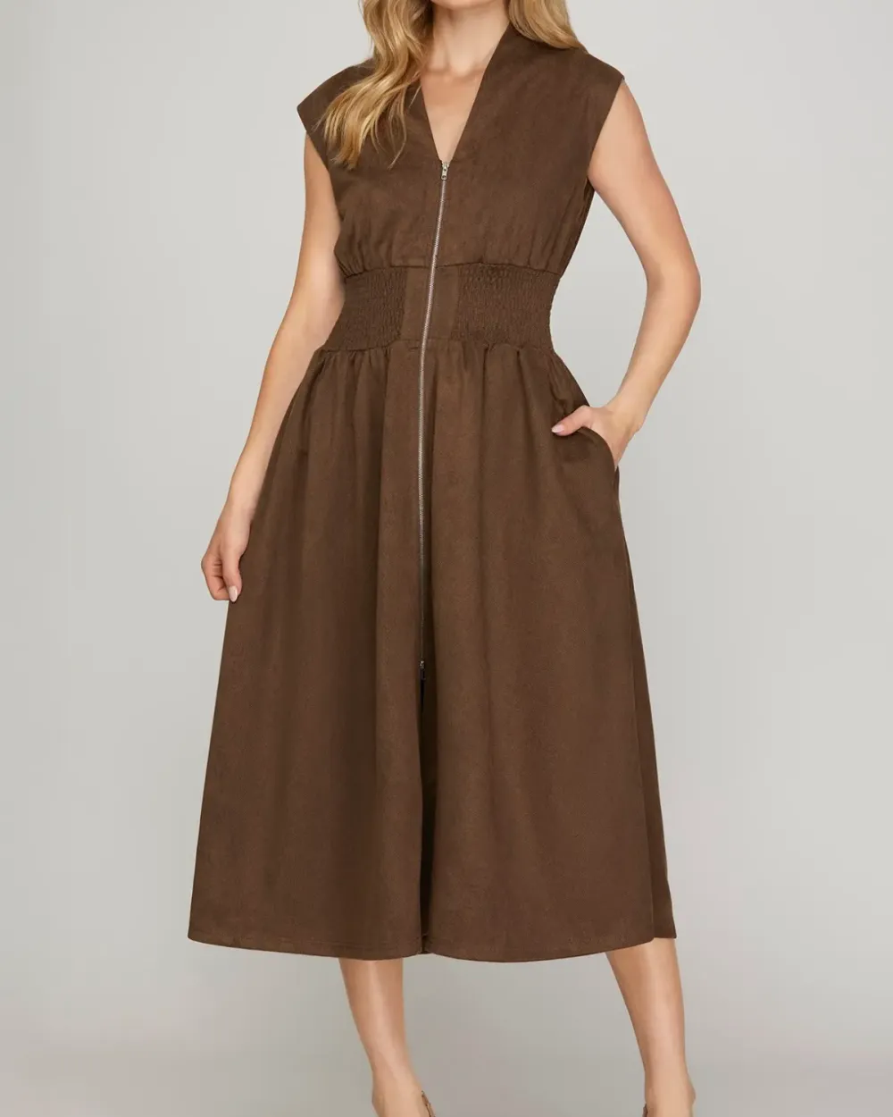 Relaxed Front Zip Twill Suede Dress