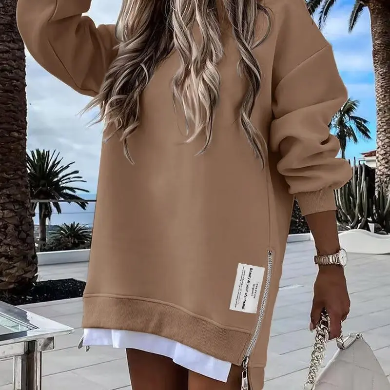 Women's Long Sleeve Pullover Sweatshirt Zipper Slit Casual Dress Drop Shoulder Oversized Outfits