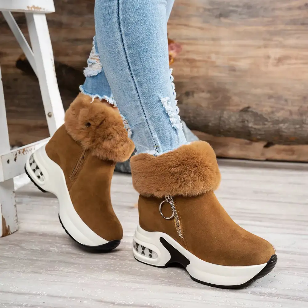 Fuzzy Side Zipper Platform Ankle Boots