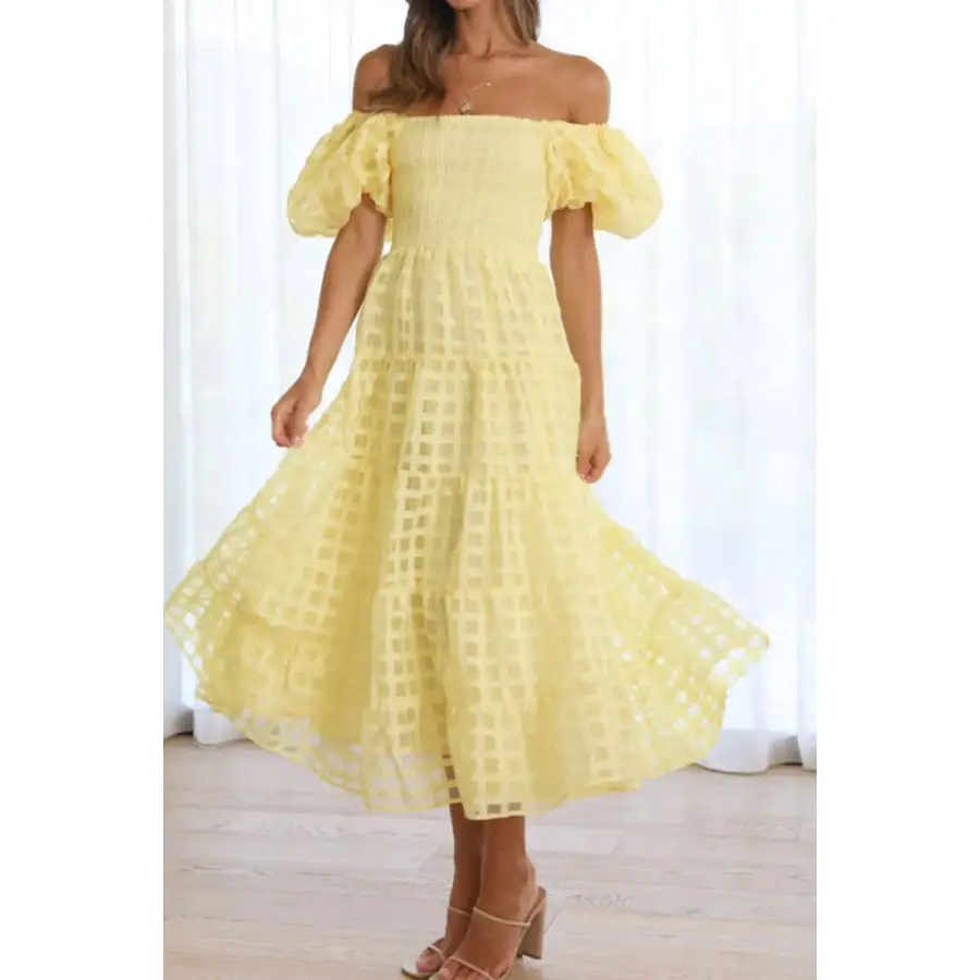 Off Shoulder Short Puff Sleeve Midi Dress