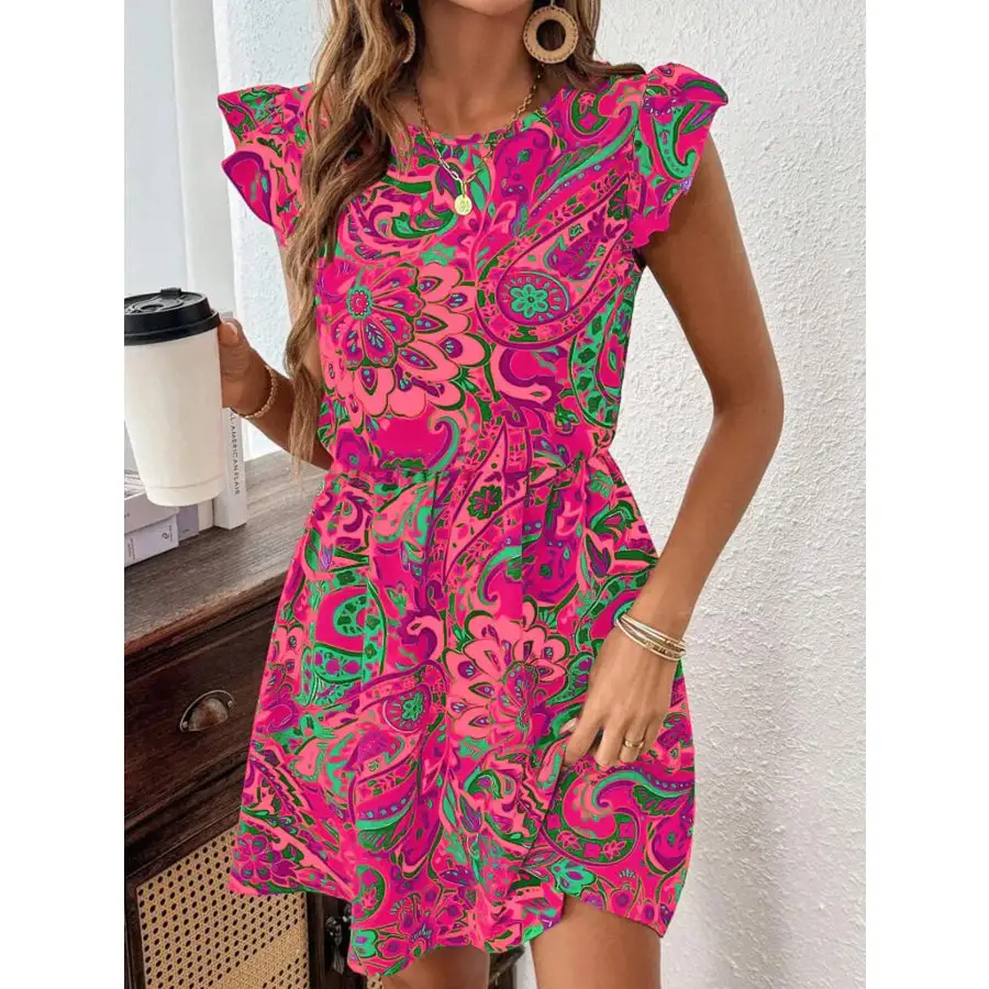 Paisley Print Ruffle Sleeve Mini Dress