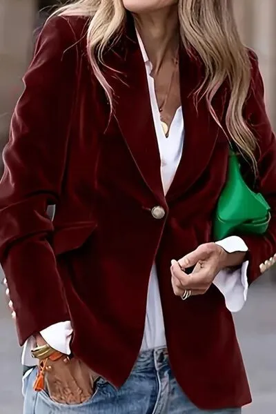 Refined Single-Button Lapel-Collar Long-Sleeve Blazer