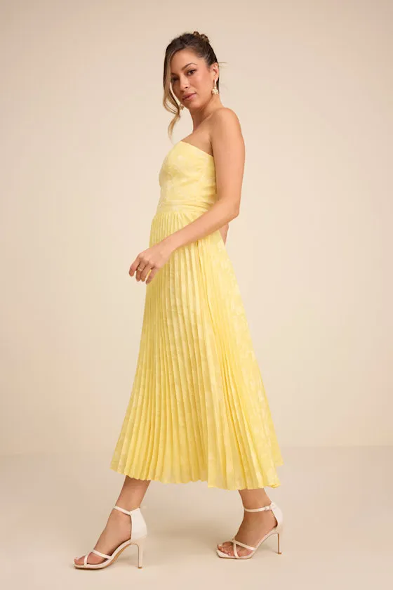 Perfectly Stunning Yellow Jacquard Strapless Midi Dress