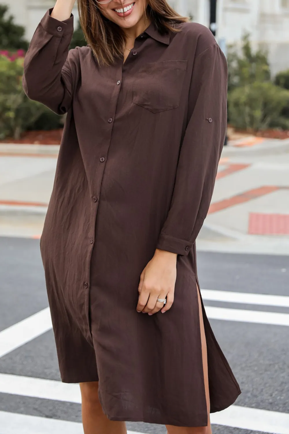 Brown Button Front Midi Dress