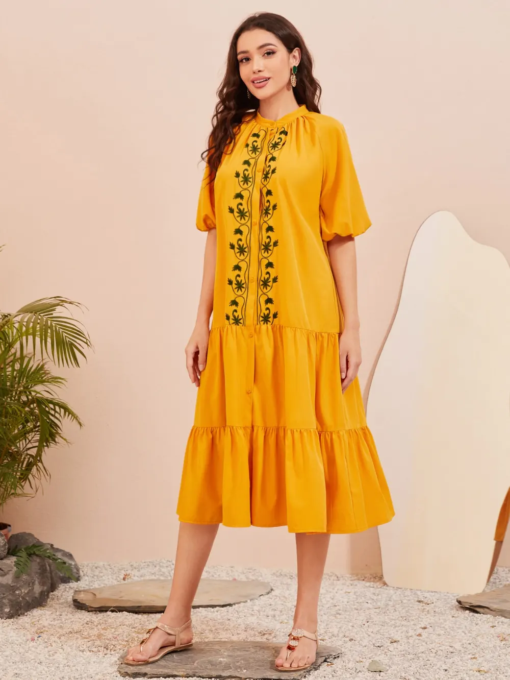 Floral Embroidery Lantern Sleeve Ruffle Hem Dress