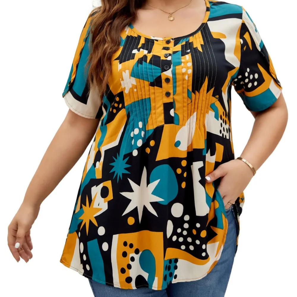 Women's Plus Size Summer Waist-Cinching Top with Round Neck and Printed Casual Short Sleeves