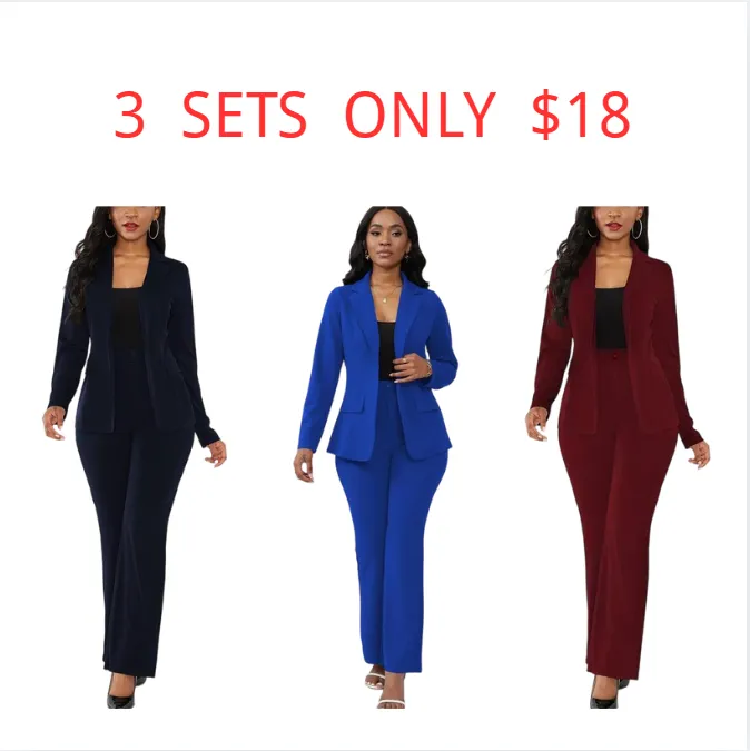 Women's Basic Plain Button Lapel Neck Blazer & Suit Pants