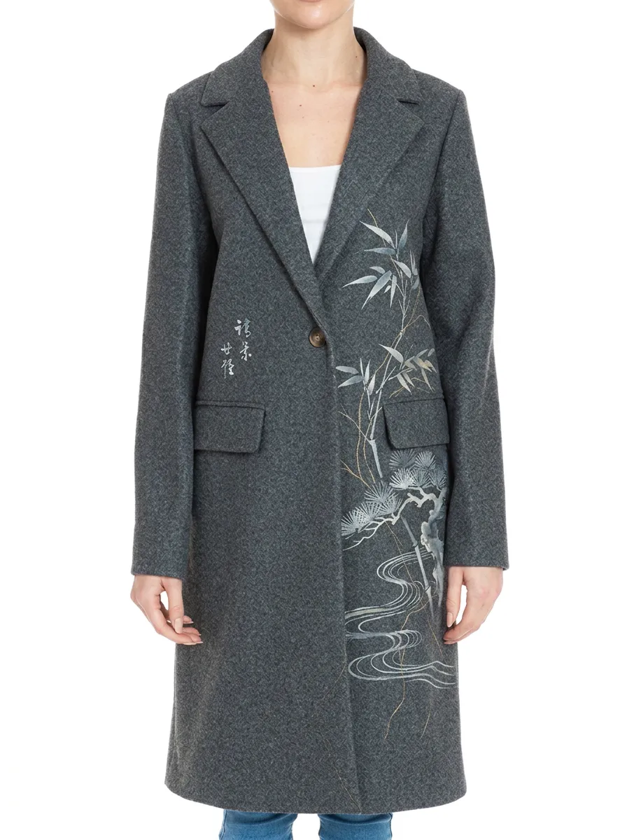Women's Asian Zen Bamboo Pine Printed Wool Coat
