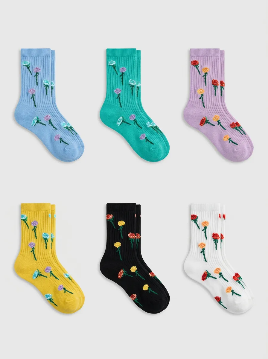 Women's Floral Lover Rose Pattern Printed Socks 6-Pack