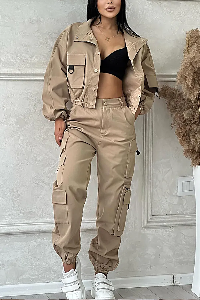 9PACK- Solid Color Pocket Jacket & Pants Two-piece Set