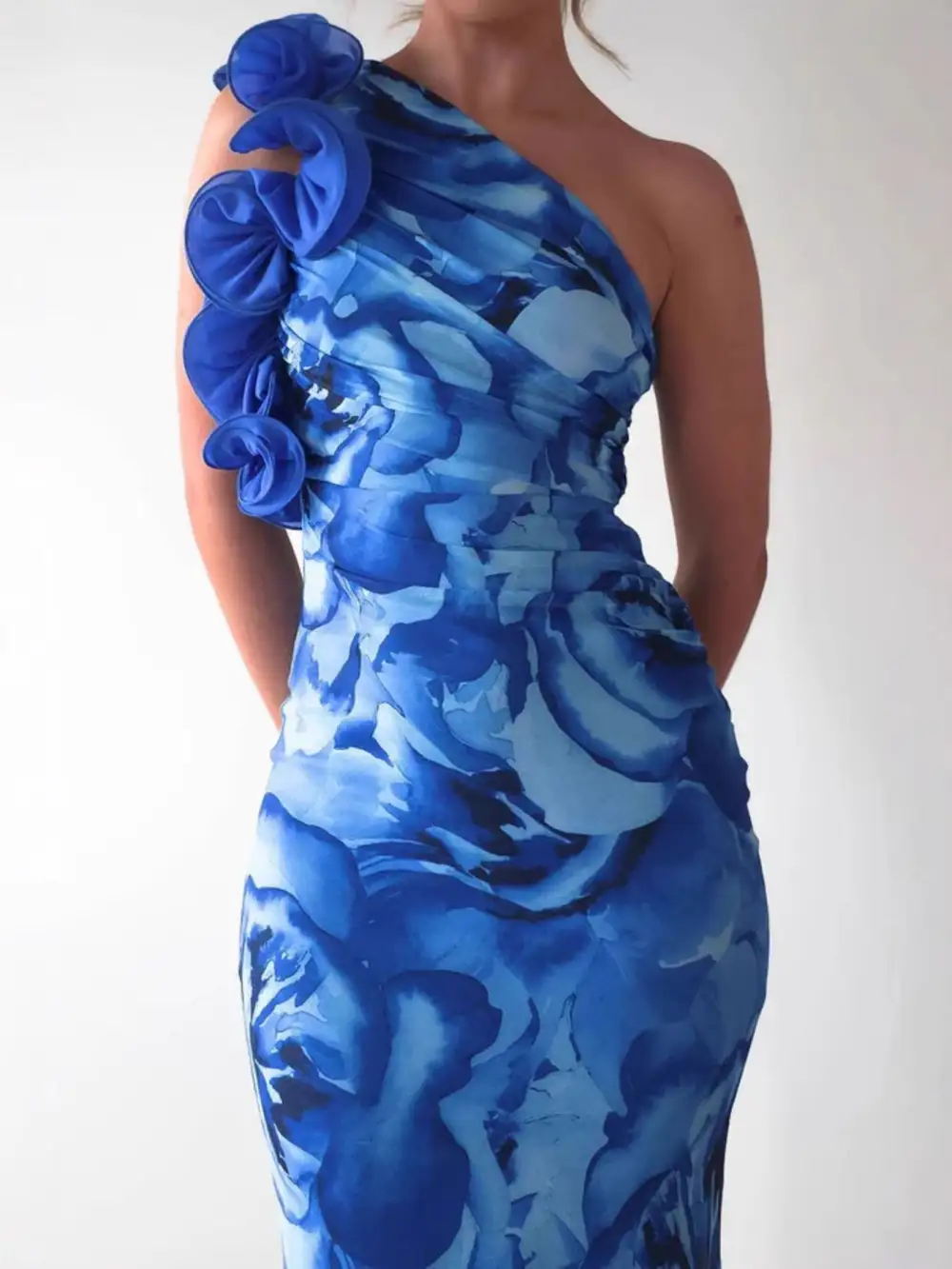 Floral Print One Shoulder Maxi Dress